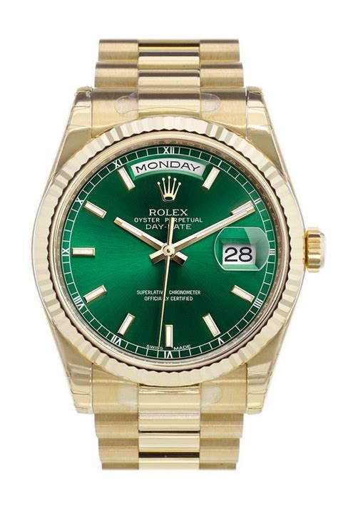 rolex gold green dial day date|rolex day date onyx dial.